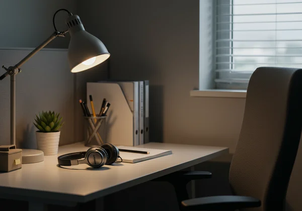 Calm and organized HSP-friendly workspace with headphones