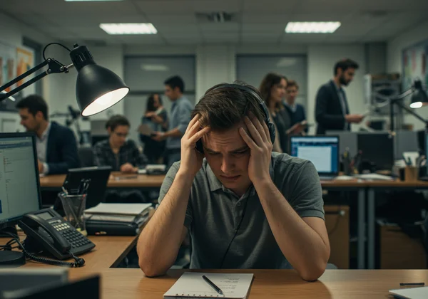 Person overwhelmed in a noisy open-plan office environment
