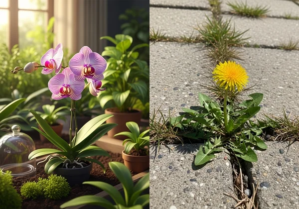 Orchid thriving in nurturing soil, dandelion anywhere.