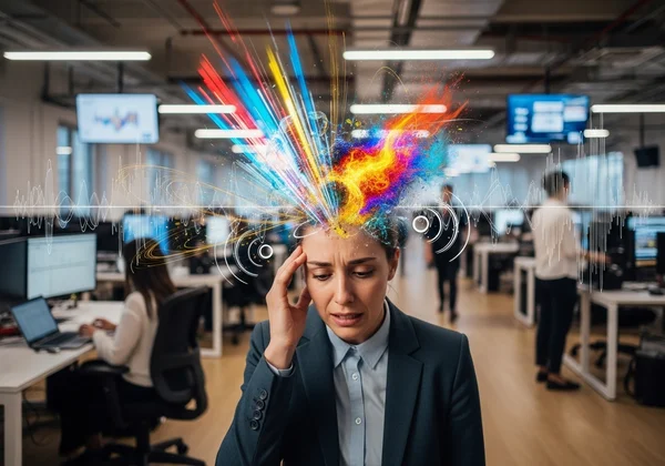 Overwhelmed person in a noisy, stimulating environment