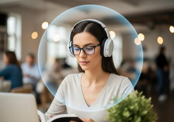 Woman using noise-canceling headphones in a busy cafe.