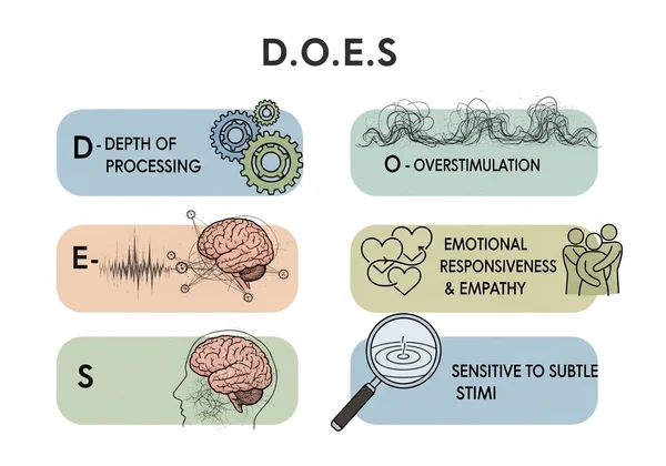 Diagram explaining the DOES model of high sensitivity.