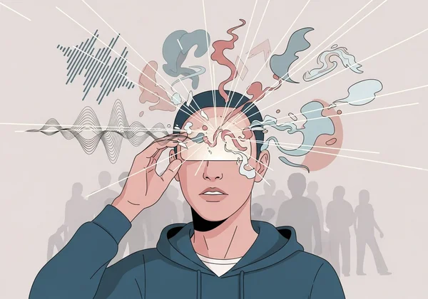 Person overwhelmed by sensory input, sounds, lights.