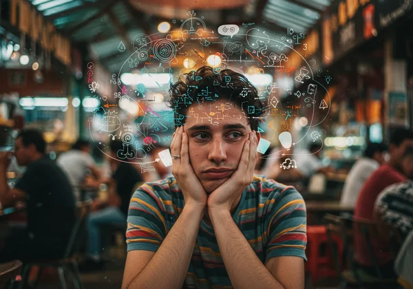 Person overwhelmed by stimuli, deeply processing