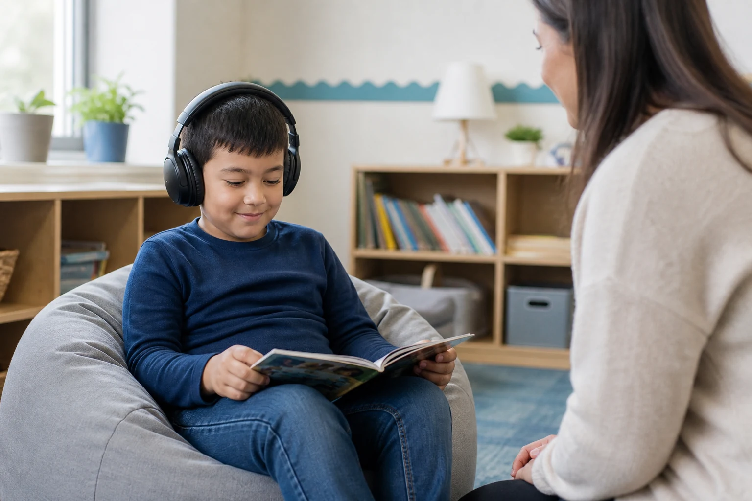 Child using headphones calmly